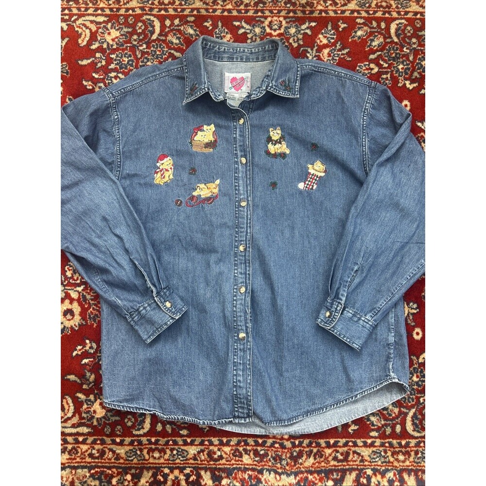 Keren Hart Womens Large button up  embroidered Denim shirt Kittens Cats